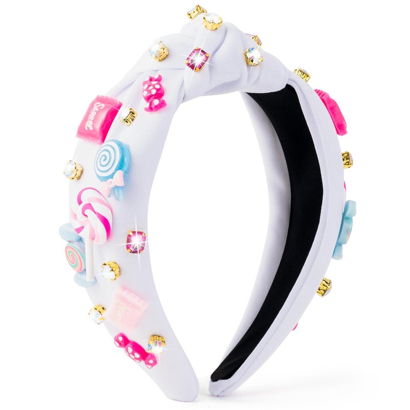 PANTIDE Candy Jeweled Knotted Headband - Christmas Sugar Lollipop Rhinestone Crystal Embellished Preppy Headband Wide Top Knot Fashion Hair Accessories Candyland Birthday Gift for Women Girls (White) - Image 1